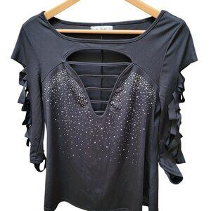 Black Rosegal 1XL Blouse With Rhinestone Front Ladder Neckline & Slit Sleeves